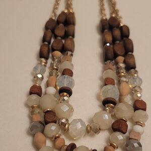Wood Beaded Necklace Oval Flat Beads Plastic Crystals Multistrand Gold Tone